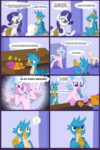 Size: 6000x9000 | Tagged: safe, artist:chedx, derpibooru import, gallus, rarity, silverstream, smolder, classical hippogriff, dragon, gryphon, hippogriff, pony, comic:detention with rarity, absurd resolution, bag, casket, comic, crying, fake death, playing dead, plotting, pure unfiltered evil, saddle bag, scheming, sleeping