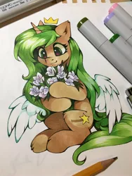 Size: 1536x2048 | Tagged: safe, artist:share dast, derpibooru import, oc, oc:kookie milk, unofficial characters only, alicorn, pony, alicorn oc, crown, flower, horn, jewelry, regalia, solo, traditional art, wings