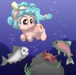 Size: 3193x3150 | Tagged: safe, artist:aleximusprime, derpibooru import, cozy glow, crab, fish, pegasus, pony, salmon, bow, bubble, chubby cheeks, commission, cozybetes, cute, daaaaaaaaaaaw, female, filly, looking down, mane bow, rock, solo, spread wings, tail bow, trout, underwater, wings