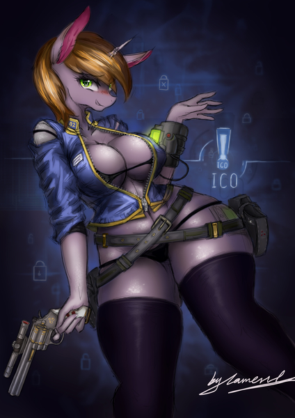 Size: 5787x8185 | Tagged: suggestive, artist:girlsay, derpibooru import, oc, oc:littlepip, unofficial characters only, anthro, unicorn, fallout equestria, fanfic, absurd resolution, belly button, bra, breasts, busty littlepip, cleavage, clothes, fanfic art, female, gun, handgun, horn, little macintosh, optical sight, panties, pipbuck, revolver, socks, solo, stockings, thigh highs, underwear, unzipped, vault suit, weapon