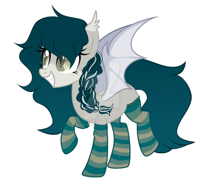 Size: 1280x1141 | Tagged: safe, artist:magicdarkart, derpibooru import, oc, unofficial characters only, bat pony, pony, bat pony oc, bat wings, braid, clothes, colored pupils, deviantart watermark, ear tufts, fangs, female, grin, mare, obtrusive watermark, simple background, slit eyes, slit pupils, smiling, socks, solo, striped socks, transparent background, watermark, wings