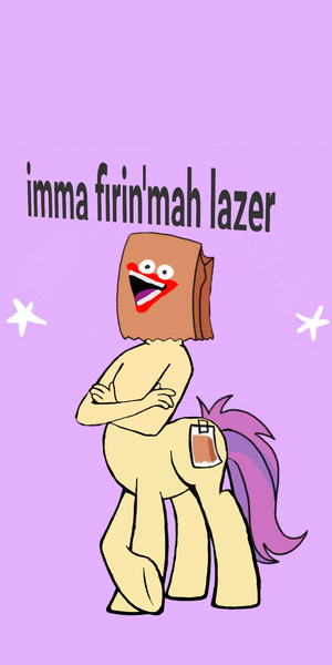 Size: 1080x2160 | Tagged: safe, artist:calebtyink, artist:paperbagpony, derpibooru import, oc, oc:paper bag, unofficial characters only, centaur, earth pony, pony, draw me my new face, exploitable meme, imma firin mah lazah, meme, paper bag, ponytaur, purple background, shoop da whoop, simple background