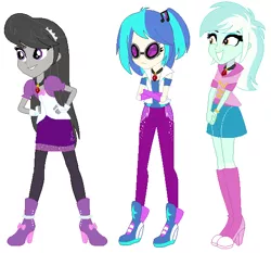 Size: 575x536 | Tagged: safe, artist:sarahalen, derpibooru import, lyra heartstrings, octavia melody, vinyl scratch, equestria girls, rainbow rocks, alternate hairstyle, alternate universe, boots, clothes, female, fingerless gloves, gem, gloves, high heel boots, leggings, pants, shoes, simple background, siren gem, skirt, trio, trio female, white background