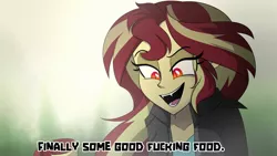 Size: 1024x576 | Tagged: safe, artist:wubcakeva, derpibooru import, sunset shimmer, vampire, equestria girls, finally some good fucking food, meme, vulgar