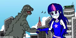 Size: 1280x644 | Tagged: safe, artist:hakimbronymalaysia, derpibooru import, twilight sparkle, human, kaiju, equestria girls, female, giantess, godzilla, godzilla (series), handshake, human coloration, macro, magic gaia, superhero