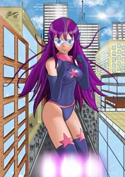 Size: 2480x3508 | Tagged: artist:sandstormart, clothes, derpibooru import, female, giantess, human, humanized, leotard, macro, magic gaia, safe, superhero, twilight sparkle