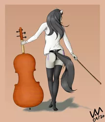 Size: 3000x3500 | Tagged: suggestive, artist:0-van-0, derpibooru import, octavia melody, anthro, earth pony, unguligrade anthro, ass, black underwear, both cutie marks, bow (instrument), butt, cello, cello bow, clothes, cutie mark, female, mare, musical instrument, panties, rear view, shirt, socks, solo, solo female, stockings, tail, thigh highs, thong, underwear, white shirt