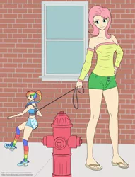 Size: 1378x1800 | Tagged: artist:normaldeviant, breasts, child harness, child leash, clothes, derpibooru import, diaper, diaper fetish, fetish, fire hydrant, fluttershy, human, humanized, leash, micro, rainbow dash, rainbow socks, socks, striped socks, suggestive