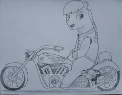 Size: 900x704 | Tagged: safe, artist:drcool13, derpibooru import, oc, oc:swift stride, unofficial characters only, earth pony, pony, bad anatomy, braided ponytail, chopper, clothes, earth pony oc, grayscale, looking at you, male, monochrome, motorcycle, open mouth, simple background, solo, stallion, tail wrap, traditional art, vest, white background