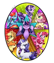 Size: 2364x2753 | Tagged: safe, artist:cloud-drawings, derpibooru import, applejack, fluttershy, pinkie pie, rainbow dash, rarity, starlight glimmer, sunset shimmer, twilight sparkle, twilight sparkle (alicorn), alicorn, earth pony, pegasus, pony, unicorn, alternate mane seven, eyes closed, female, high res, mane six, mare, missing cutie mark, open mouth, smiling, speedpaint available