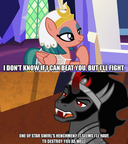 Size: 1280x1440 | Tagged: safe, derpibooru import, edit, edited screencap, editor:jaredking203, screencap, king sombra, somnambula, pegasus, pony, unicorn, shadow play, the beginning of the end, caption, curved horn, eyeshadow, female, horn, image macro, makeup, male, mare, meme, red eyes, stallion, text, throne room, twilight's castle