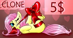Size: 1900x1000 | Tagged: suggestive, artist:furiousart, derpibooru import, fluttershy, pegasus, pony, bow, commission, female, gift wrapped, mare, missing cutie mark, mouth hold, on back, one eye closed, present, ribbon, self bondage, sexy, solo, solo female, wingless, your character here