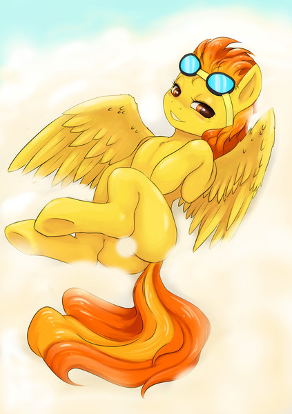 Size: 2048x2902 | Tagged: artist:justpony, blushing, butt, censored, chest fluff, cloud, derpibooru import, female, goggles, lidded eyes, pegasus, plot, smiling, solo, solo female, spitfire, suggestive, underhoof