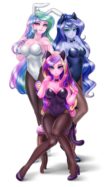 Size: 900x1517 | Tagged: suggestive, artist:racoonsan, color edit, derpibooru import, edit, editor:drakeyc, princess cadance, princess celestia, princess luna, human, equestria girls, adorasexy, alicorn triarchy, aunt and niece, breasts, bunny ears, bunny suit, bunnylestia, busty princess celestia, busty princess luna, cat ears, cat tail, cleavage, clothes, colored, cute, cutedance, cutelestia, dean cadance, eyeshadow, female, high heels, humanized, leotard, looking at you, lunabetes, makeup, nail polish, nekomimi, pantyhose, praise the moon, praise the sun, principal celestia, royal sisters, sexy, shoes, siblings, simple background, sisters, skin color edit, smiling, transparent background, trio, vice principal luna