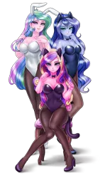Size: 900x1517 | Tagged: suggestive, artist:racoonsan, color edit, derpibooru import, edit, editor:drakeyc, princess cadance, princess celestia, princess luna, human, equestria girls, adorasexy, alicorn triarchy, aunt and niece, breasts, bunny ears, bunny suit, bunnylestia, busty princess celestia, busty princess luna, cat ears, cat tail, cleavage, clothes, colored, cute, cutedance, cutelestia, dean cadance, eyeshadow, female, high heels, humanized, leotard, looking at you, lunabetes, makeup, nail polish, nekomimi, pantyhose, praise the moon, praise the sun, principal celestia, royal sisters, sexy, shoes, siblings, simple background, sisters, skin color edit, smiling, transparent background, trio, vice principal luna