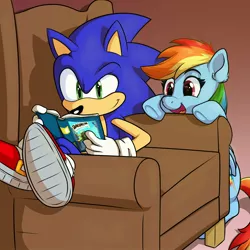 Size: 2000x2000 | Tagged: safe, artist:thedrawvoid, derpibooru import, rainbow dash, pegasus, pony, daring do adventure collection, daring do and the forbidden city of clouds, book, chair, reading, sonic the hedgehog, sonic the hedgehog (series)