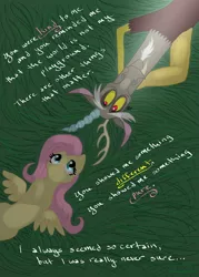 Size: 2343x3264 | Tagged: safe, artist:pinstriped-pajamas, derpibooru import, discord, fluttershy, draconequus, pegasus, pony, armpits, discoshy, female, grass, hooves to the chest, looking away, looking up, lyrics, lyrics in the description, male, mare, on back, outdoors, shipping, smiling, song in the description, song reference, spread wings, sting, straight, text, wings
