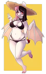 Size: 2400x3873 | Tagged: suggestive, artist:xalloir, derpibooru import, oc, oc:melanie, unofficial characters only, anthro, bat pony, unguligrade anthro, anthro oc, bat pony oc, bat wings, bikini, breasts, clothes, female, hat, high res, mare, solo, solo female, swimsuit, wings