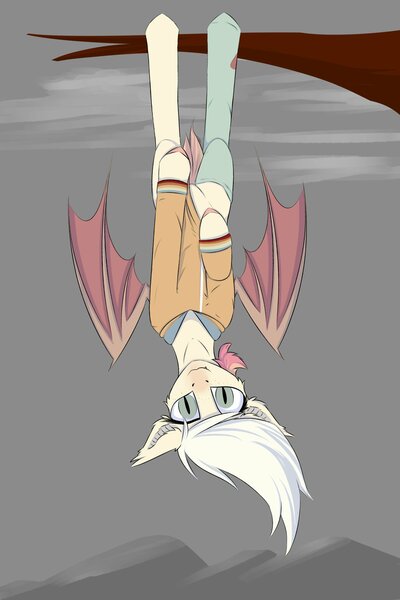 Size: 2000x3000 | Tagged: safe, artist:observerdoz, derpibooru import, oc, unofficial characters only, bat pony, bat pony oc, bat wings, female, looking at you, solo, tree branch, upside down, wings