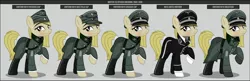 Size: 1600x517 | Tagged: safe, artist:brony-works, derpibooru import, oc, unofficial characters only, earth pony, pony, boots, clothes, earth pony oc, eyelashes, female, hat, helmet, mare, nazi, nazi germany, nazipone, raised hoof, reference sheet, schutzstaffel, shoes, smiling, solo, uniform, waffen-ss, world war ii