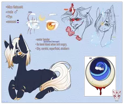 Size: 3568x2998 | Tagged: semi-grimdark, artist:lastaimin, derpibooru import, oc, oc:mizu ketsueki, pony, unicorn, eye, high res, magic, male, prone, reference sheet, solo, stallion