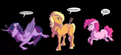 Size: 4101x1881 | Tagged: safe, artist:venommocity, derpibooru import, applejack, pinkie pie, twilight sparkle, twilight sparkle (alicorn), alicorn, pony, fanfic:my little pony: the unexpected future, amputee, black background, cramped, female, mare, prosthetic limb, prosthetics, simple background, slipped, speech bubble, stabbed, stump, trio