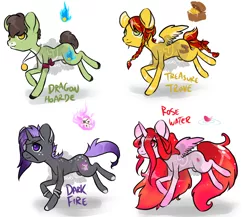 Size: 1500x1300 | Tagged: safe, artist:lavvythejackalope, derpibooru import, oc, oc:dark fire, oc:rose water, oc:treasure trove, unofficial characters only, alicorn, earth pony, pegasus, pony, unicorn, alicorn oc, braid, braided tail, chest, cutie mark, earth pony oc, eyepatch, horn, jewelry, necklace, pegasus oc, running, simple background, skull, unicorn oc, white background, wings