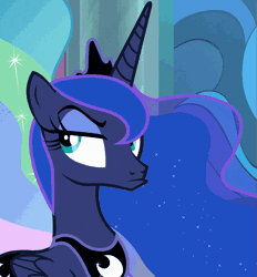 Size: 739x796 | Tagged: safe, derpibooru import, screencap, princess luna, alicorn, pony, sparkle's seven, angry, animated, cropped, cute, female, flowing mane, gif, grumpy, luna is not amused, lunabetes, madorable, mare, offscreen character, pouting, raised eyebrow, solo focus, unamused