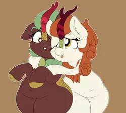 Size: 3840x3456 | Tagged: artist:airsicksubset, autumn blaze, belly button, chubby, cinder glow, cloven hooves, cute, derpibooru import, hug, kirin, one eye closed, open mouth, safe, simple background, summer flare, thick, wide hips