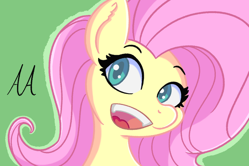 Size: 1200x800 | Tagged: safe, artist:an_anon_artist, derpibooru import, fluttershy, pegasus, pony, bust, cute, ear fluff, looking at you, open mouth, shyabetes, smiling, solo, teeth