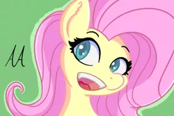 Size: 1200x800 | Tagged: safe, artist:an_anon_artist, derpibooru import, fluttershy, pegasus, pony, bust, cute, ear fluff, looking at you, open mouth, shyabetes, smiling, solo, teeth