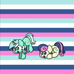 Size: 1200x1200 | Tagged: safe, artist:sugar morning, derpibooru import, part of a set, bon bon, lyra heartstrings, sweetie drops, earth pony, pony, unicorn, adorabon, animated, couple, cute, female, happy, jumping, leaping, loop, lyrabetes, mare, simple background, sugar morning's jumping ponies