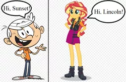 Size: 736x479 | Tagged: safe, artist:jake555555555, derpibooru import, sunset shimmer, human, equestria girls, crossover, female, lincoln loud, male, speech bubble, the loud house, vector