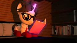 Size: 1920x1080 | Tagged: safe, artist:marianokun, derpibooru import, raven, pony, unicorn, 3d, bedroom, book, bookshelf, clothes, happy, levitation, magic, reading, socks, source filmmaker, telekinesis