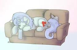 Size: 1280x838 | Tagged: safe, artist:ravenpuff, artist:unhinged_pony, deleted from derpibooru, derpibooru import, oc, oc:chilly heart, unofficial characters only, pony, unicorn, clothes, collaboration, couch, eyes closed, female, frog (hoof), heart, horn, mare, scarf, sleeping, solo, underhoof, unicorn oc