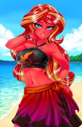 Size: 800x1237 | Tagged: safe, artist:racoonsan, color edit, derpibooru import, edit, editor:drakeyc, sunset shimmer, equestria girls, equestria girls series, forgotten friendship, adorasexy, armpits, beach, beach babe, beautiful, beautisexy, belly button, bikini, bikini babe, black swimsuit, bracelet, breasts, busty sunset shimmer, clothes, cloud, colored, cute, cutie mark swimsuit, female, geode of empathy, hand on hip, jeweled swimsuit, jewelry, looking at you, magical geodes, midriff, necklace, praise the sunset, sand, sarong, sexy, shimmerbetes, skin color edit, sky, sleeveless, smiling, solo, stupid sexy sunset shimmer, summer sunset, sunset satan, sunset selfie, swimsuit, water