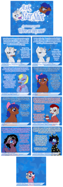 Size: 1078x3198 | Tagged: safe, artist:ravenpuff, deleted from derpibooru, derpibooru import, oc, oc:claudia, oc:dark nebula, oc:pristine darling, oc:puffy, oc:red velvet, oc:skye gazer, oc:star shot, unofficial characters only, pegasus, pony, unicorn, :p, alcohol, ask, beard, bow, chest fluff, cigar, clothes, comic, costume, crossover, cup, eyelashes, eyes closed, facial hair, female, freckles, glowing horn, goggles, grumpy, hair bow, hoof hold, hoof polish, hooves to the chest, horn, horn piercing, kigurumi, kirby, lipstick, magic, male, mare, moustache, obat pony oc, older, open mouth, pegasus oc, piercing, simple background, slit eyes, smiling, smoking, stallion, telekinesis, tongue out, transparent background, unicorn oc, wings