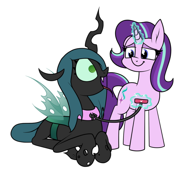 Size: 1443x1297 | Tagged: suggestive, artist:moonatik, derpibooru import, queen chrysalis, starlight glimmer, changeling, changeling queen, pony, unicorn, chrysub, collar, commission, female, hypnosis, hypnotized, leash, mare, missing accessory, pet play, sharp teeth, simple background, swirly eyes, teeth, tongue out, transparent background