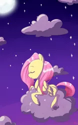 Size: 600x960 | Tagged: safe, artist:resentfuljoy, derpibooru import, fluttershy, pegasus, pony, cloud, cute, eyes closed, female, full moon, mare, moon, night, on a cloud, profile, prone, shyabetes, sky, solo, starry night, stars