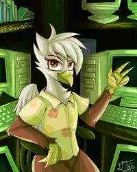 Size: 1280x1600 | Tagged: safe, artist:thedamneddarklyfox, derpibooru import, oc, oc:mizzy, unofficial characters only, gryphon, clothes, computer, crt monitor, griffon oc, looking at you, shirt, solo, wings