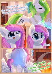 Size: 800x1132 | Tagged: safe, artist:alphadesu, derpibooru import, oc, oc:minty root, oc:snow kicker, unofficial characters only, pegasus, pony, unicorn, comic:sisterly love, amputee, bow, chest fluff, comic, ear fluff, eyes closed, female, fire, fireplace, floppy ears, hair bow, horn, magic, mare, massage, open mouth, sitting, smiling, spread wings, standing, wings