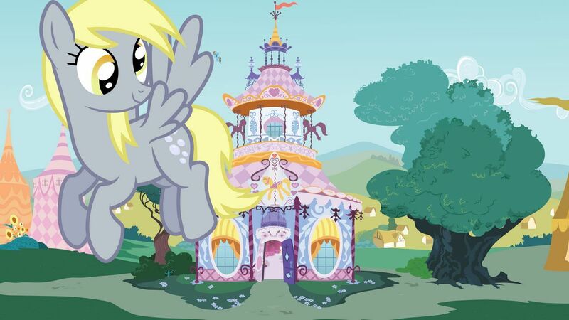 Size: 1280x720 | Tagged: safe, artist:boneswolbach, artist:jerryakiraclassics19, artist:mrbarthalamul, artist:xpesifeindx, derpibooru import, derpy hooves, rainbow dash, pegasus, pony, carousel boutique, cloud, female, giant pony, macro, mare, sky, tree