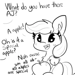 Size: 2250x2250 | Tagged: safe, artist:tjpones, derpibooru import, applejack, earth pony, pony, comic:fillies, abple, apple, appul, chest fluff, cute, dialogue, female, filly, filly applejack, food, jackabetes, lineart, lisp, monochrome, offscreen character, open mouth, simple background, solo, that pony sure does love apples, tjpones is trying to murder us, tooth gap, weapons-grade cute, white background, younger