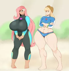 Size: 4161x4287 | Tagged: suggestive, artist:sundown, derpibooru import, applejack, fluttershy, bat pony, human, blue crushed, equestria girls, equestria girls series, abs, applebucking thighs, applejacked, barefoot, big breasts, breasts, busty applejack, busty fluttershy, clothes, feet, flutterbat, huge breasts, humanized, long hair, muscles, plump, pubic hair, race swap, scene interpretation, swimsuit, wetsuit, wide hips