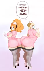 Size: 3440x5607 | Tagged: suggestive, artist:sundown, derpibooru import, adagio dazzle, applejack, human, equestria girls, adagio dat-azzle, applebutt, big breasts, breasts, busty adagio dazzle, butt, clothes, coronavirus, covid-19, hat, huge butt, humanized, impossibly large butt, large butt, mask, nurse, nurse hat, nurse outfit, socks, thigh highs