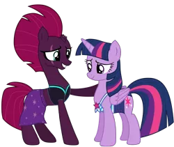 Size: 12012x10137 | Tagged: safe, alternate version, artist:ejlightning007arts, derpibooru import, tempest shadow, twilight sparkle, twilight sparkle (alicorn), alicorn, unicorn, base used, bikini, broken horn, clothes, equestria girls outfit, eye scar, female, hoof on shoulder, horn, lesbian, mare, sarong, scar, shipping, simple background, smiling, swimsuit, tempestlight, transparent background, vector