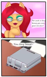 Size: 1816x2977 | Tagged: safe, artist:big brawler, derpibooru import, oc, oc:vivian cereza, unofficial characters only, earth pony, pony, apron, bait and switch, clothes, female, gameboy advance, glasses, innuendo, nintendo, solo