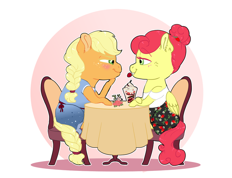 Size: 1300x1000 | Tagged: safe, artist:miyathegoldenflower, derpibooru import, applejack, strawberry sunrise, earth pony, pegasus, pony, alternate hairstyle, applerise, bedroom eyes, belt, blushing, chair, cloth, clothes, commission, cute, date, dress, ear fluff, female, flower, food, freckles, ice cream, jackabetes, lesbian, mare, mouth hold, shipping, shirt, skirt, sleeveless, strawberry, strawwberry sunrise, sundae, table