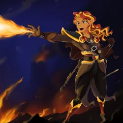 Size: 2048x2048 | Tagged: safe, artist:qzygugu, derpibooru import, sunset shimmer, equestria girls, blast, clothes, female, fiery shimmer, fire, magic, magic blast, open mouth, solo