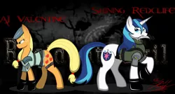 Size: 1280x688 | Tagged: safe, artist:killkatt, derpibooru import, applejack, shining armor, earth pony, pony, unicorn, chris redfield, clothes, cosplay, costume, crossover, cutie mark, digital art, female, hat, horn, jill valentine, knife, male, mare, mouth hold, resident evil, stallion, tail